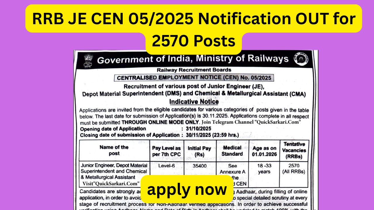 RRB JE CEN 05/2025 Notification OUT for 2570 Posts, Apply Online From 31 October 2025